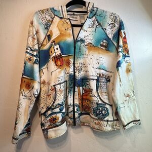 Chicos Hoodie Women Artistic Mediterranean Village Print Hooded Pockets Full Zip